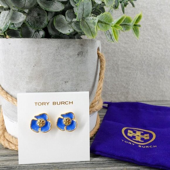 Tory Burch Fleur Flower Stud Earrings Blue OS - Picture 4 of 13